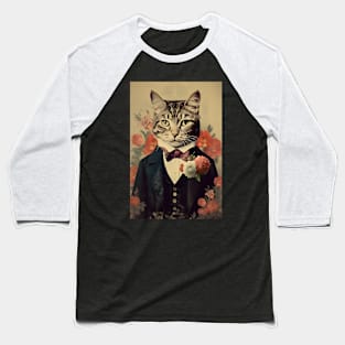 Floral Cat in Suit Portrait Vintage Art Baseball T-Shirt